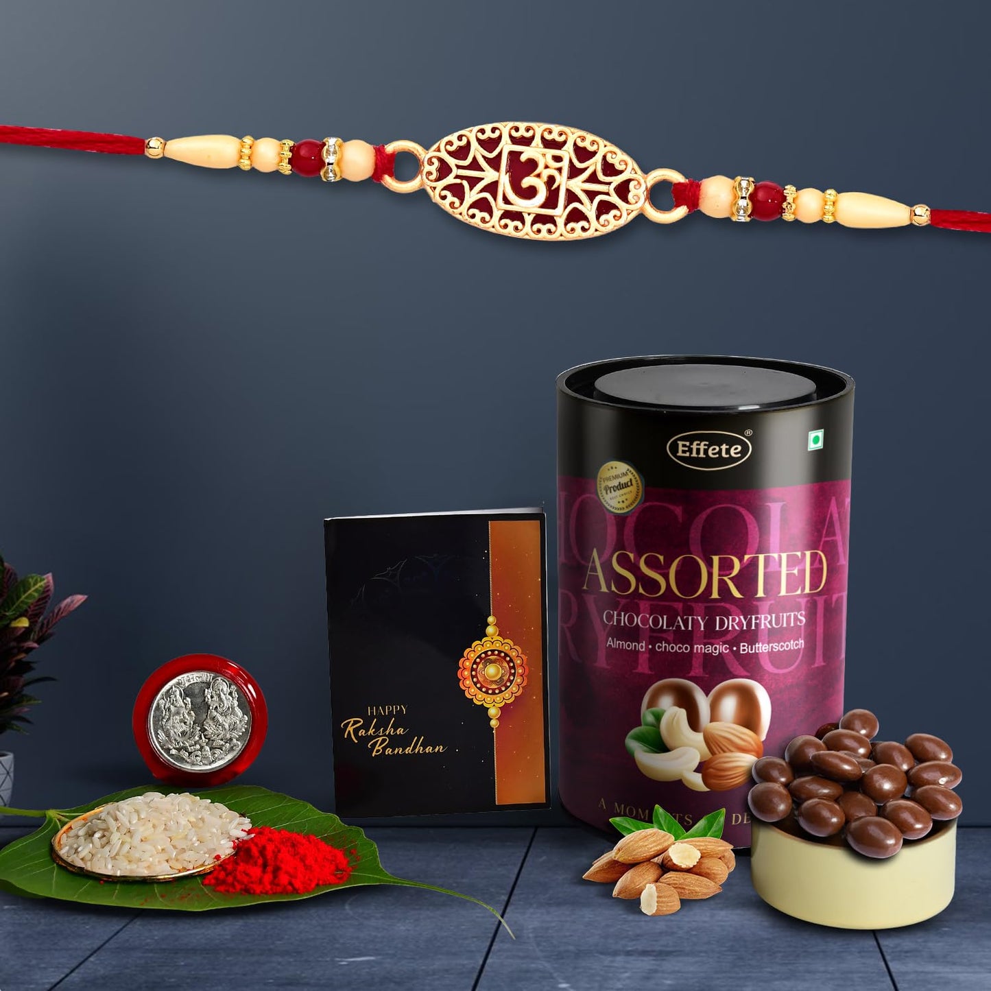 Om Rakhi For Brother God Rakhi Chocolate With Rakhi Rakshabandhan Rakhi Hamper Rakhi Combo Assorted Chocolate Dry Fruits 96gm (K1_510_as)