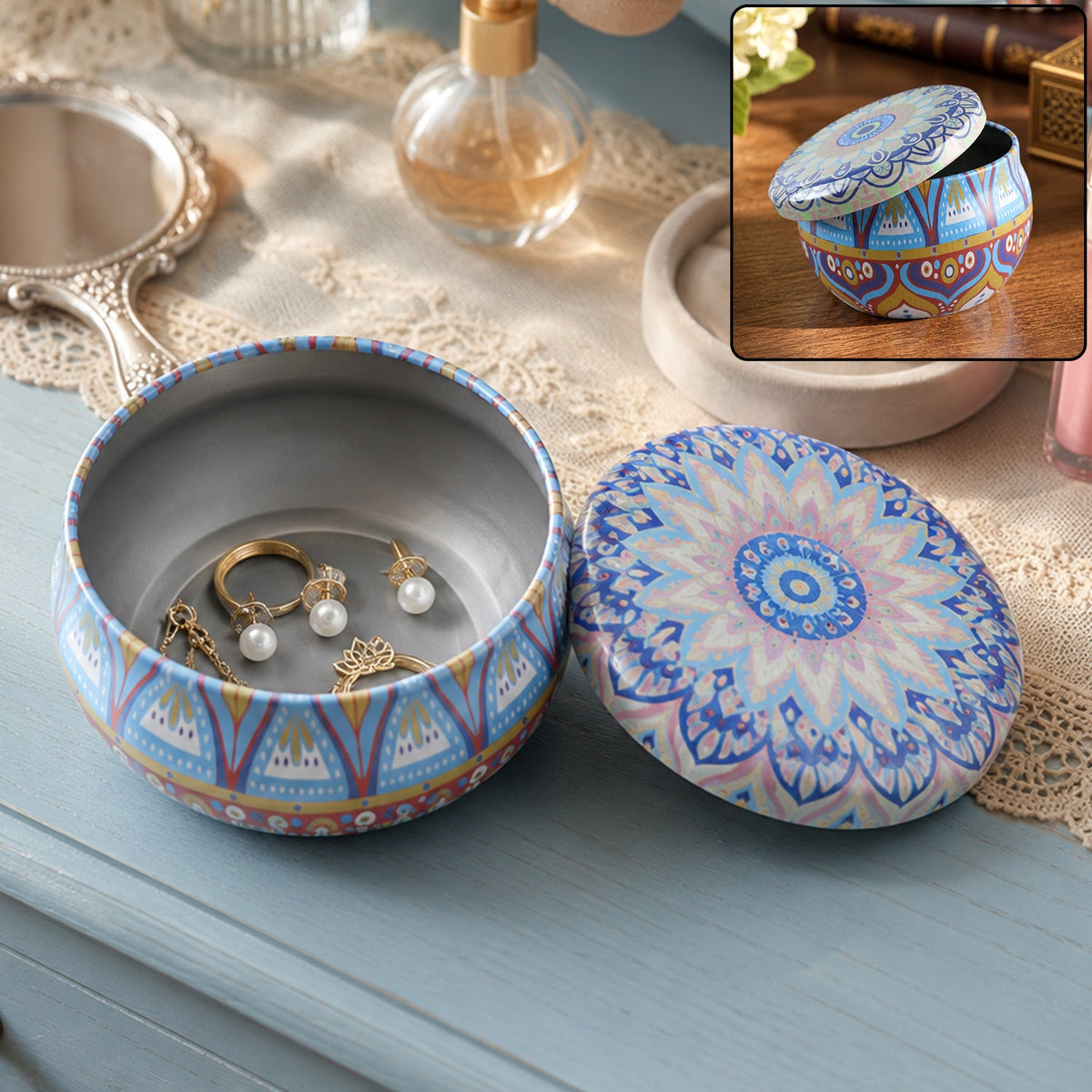 Metal Mandala Tin Box Decorative Round Container For Candle And Trinkets (1 Pc)