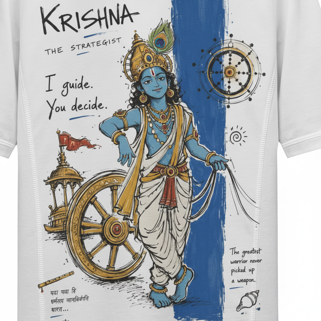 Krishna The Strategist tee - artwork close-up