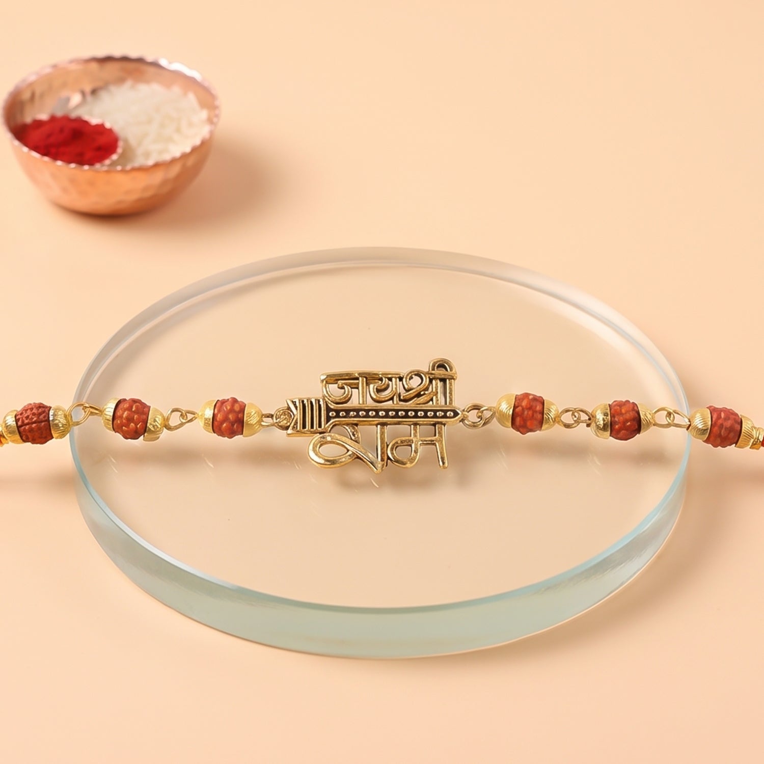 Jai Shree Ram Rudraksha Rakhi Golden Arrow Pendant Beaded Rakhi For Brother (1 Pc)