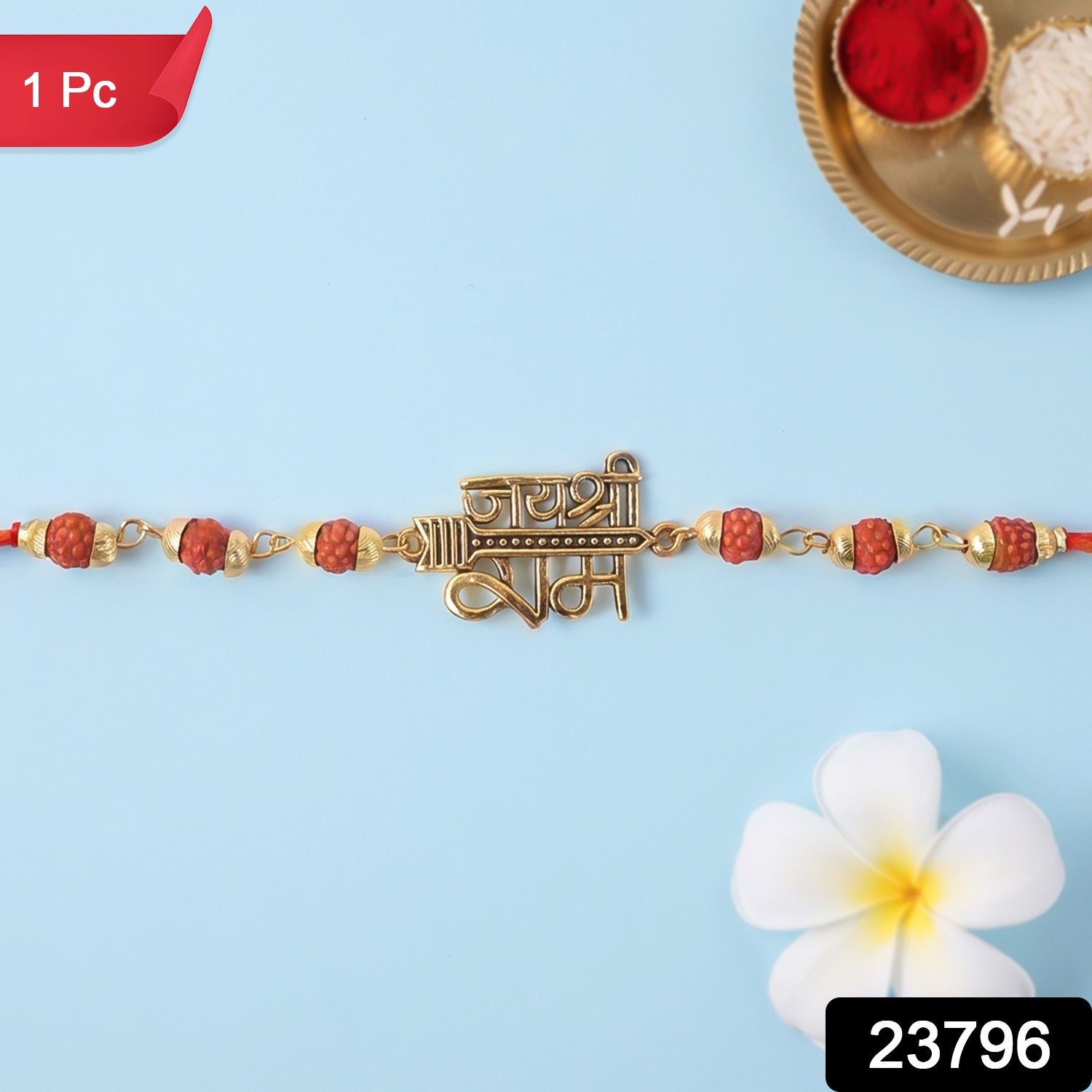 Jai Shree Ram Rudraksha Rakhi Golden Arrow Pendant Beaded Rakhi For Brother (1 Pc)