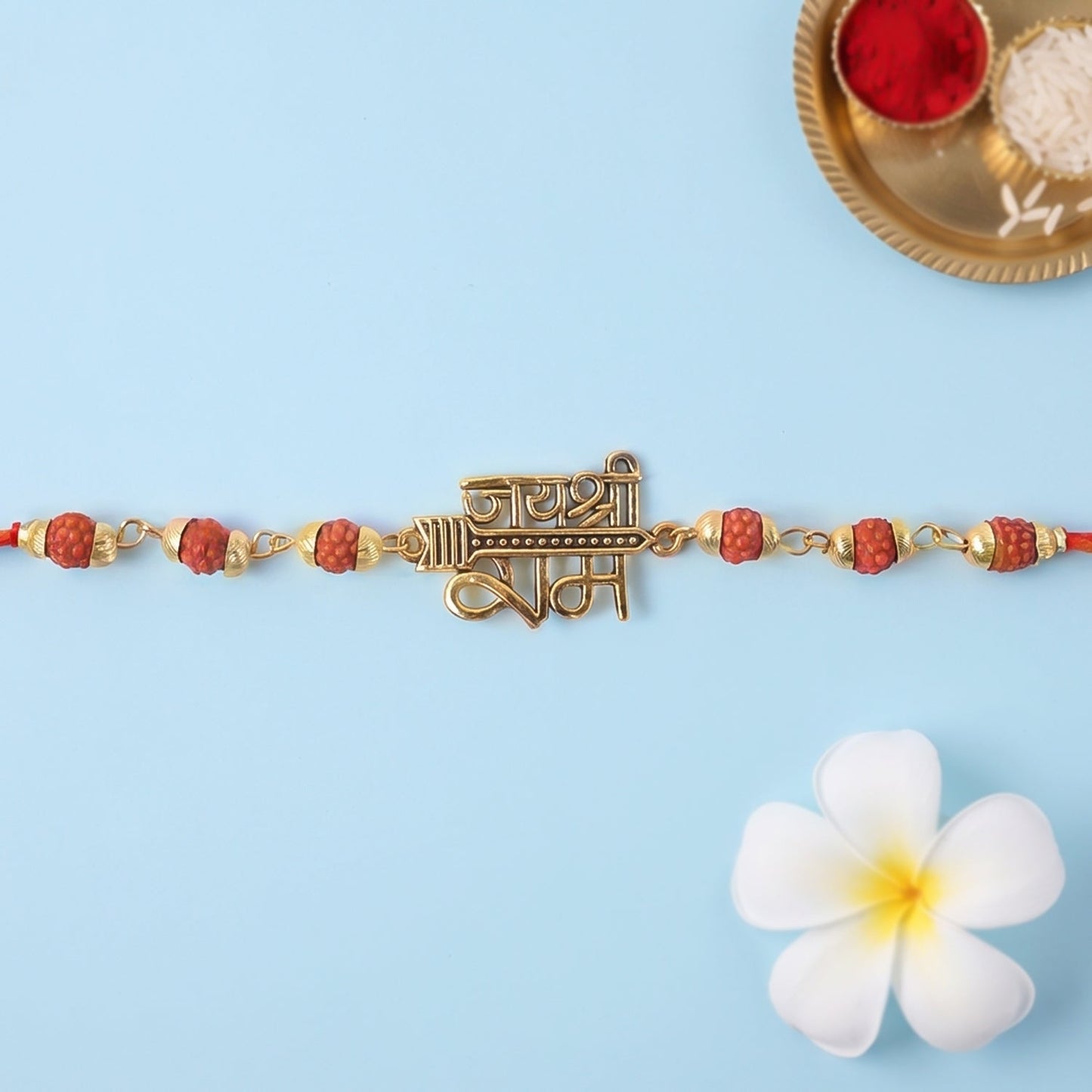 Jai Shree Ram Rudraksha Rakhi Golden Arrow Pendant Beaded Rakhi For Brother (1 Pc)
