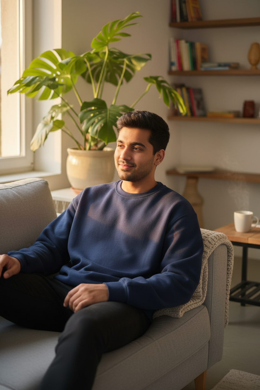 Male model in cozy indoor setting wearing navy blue fleece sweatshirt