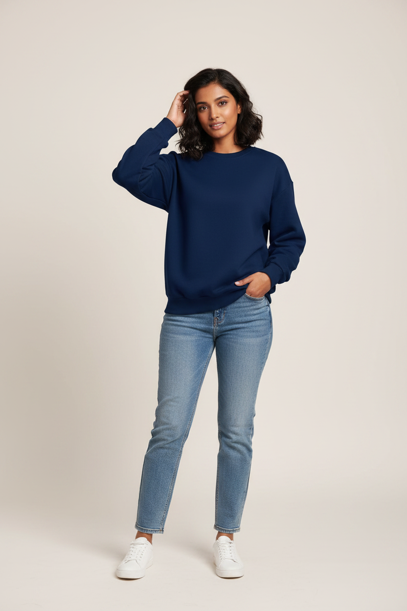 Female model wearing navy blue fleece sweatshirt
