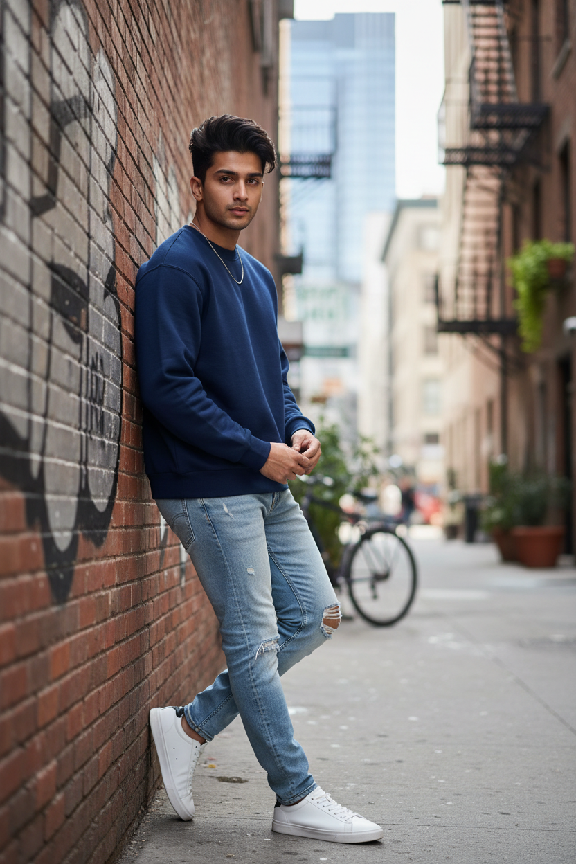 Male model in urban street style wearing navy blue fleece sweatshirt