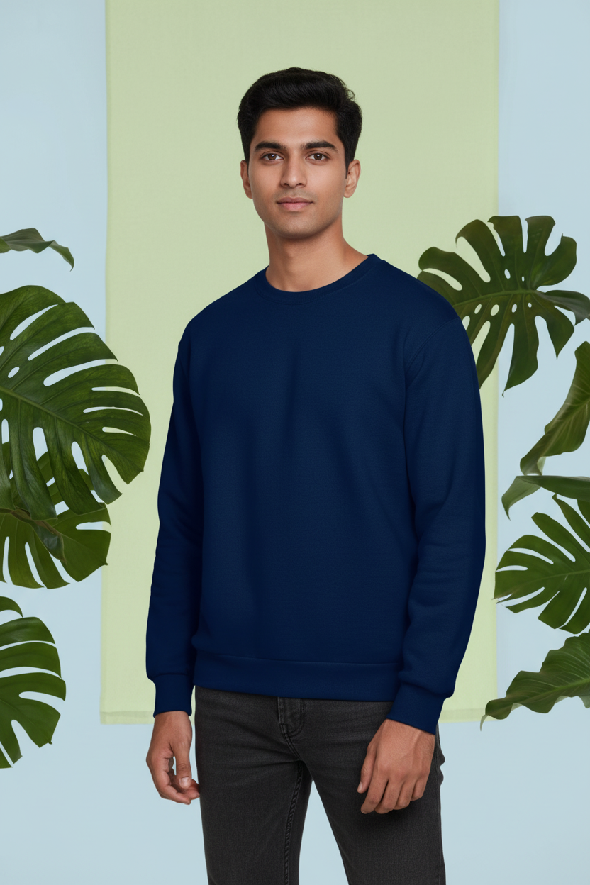 Male model wearing navy blue fleece sweatshirt