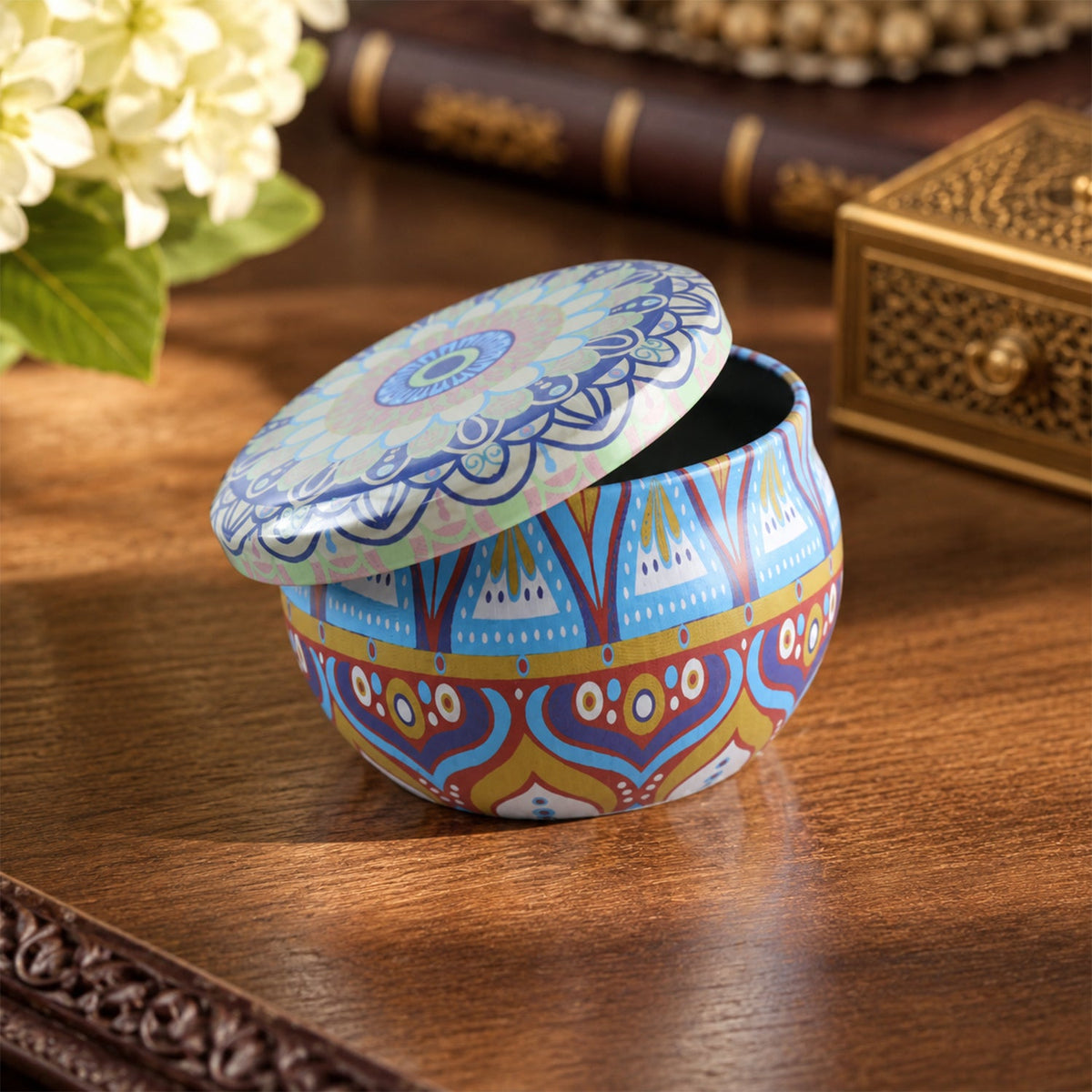 Metal Mandala Tin Box Decorative Round Container For Candle And Trinkets (1 Pc)