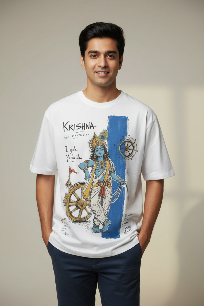 Krishna The Strategist tee - studio model shot