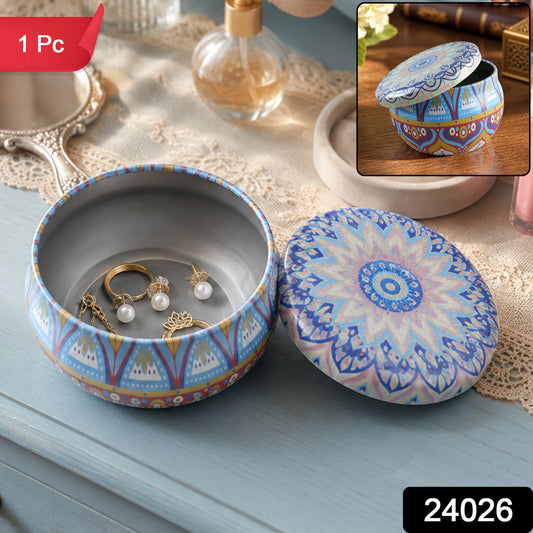 Metal Mandala Tin Box Decorative Round Container For Candle And Trinkets (1 Pc)